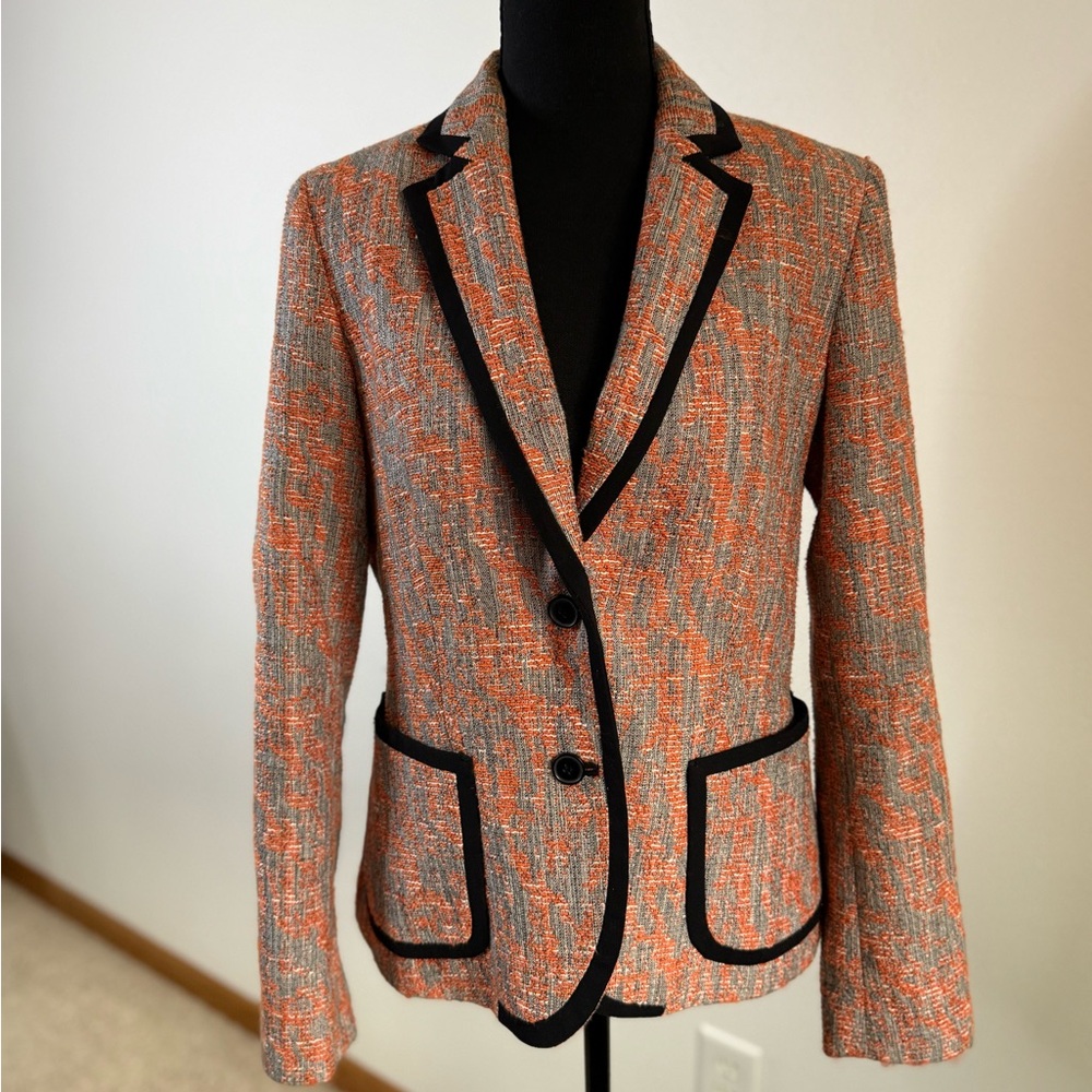 Anne Klein Tweed Blazer Size 6 Orange Gray Black Trim Tailored Jacket - Picture 5 of 7